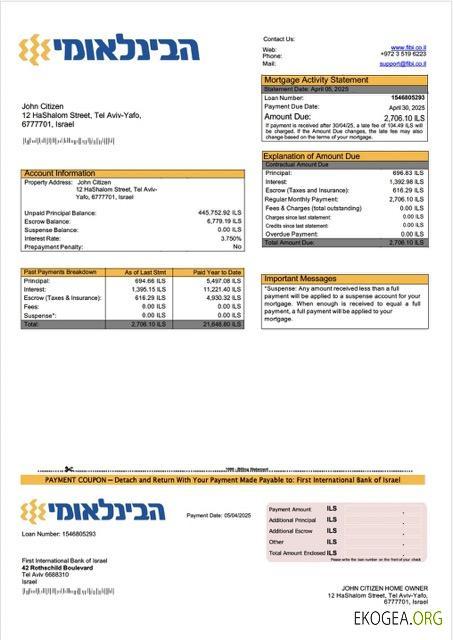 Modèle Word et PDF de relevé hypothécaire de la Première Banque internationale d'Israël d'Israël